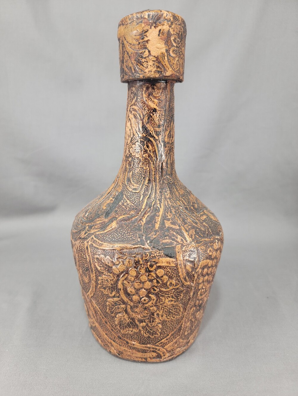 Vtg J Albinana Leather Covered Glass Bottle Hand Tooled Barware Decor Empty